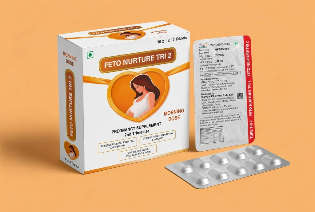 Product pack-shot photo of FETO NURTURE TRI 2 pregnancy supplement packaging with blister pack and carton.