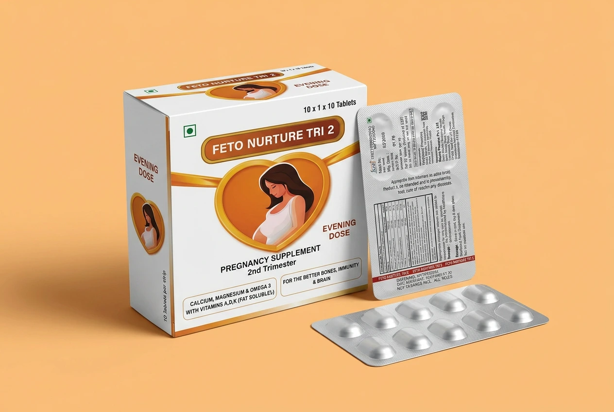 Product pack-shot photo of FETO NURTURE TRI 2 pregnancy supplement packaging with blister pack and carton.