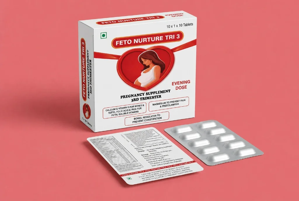 Pack-shot photo of FETO NURTURE TRI 3 showing the product carton, leaflet, and blister strip.