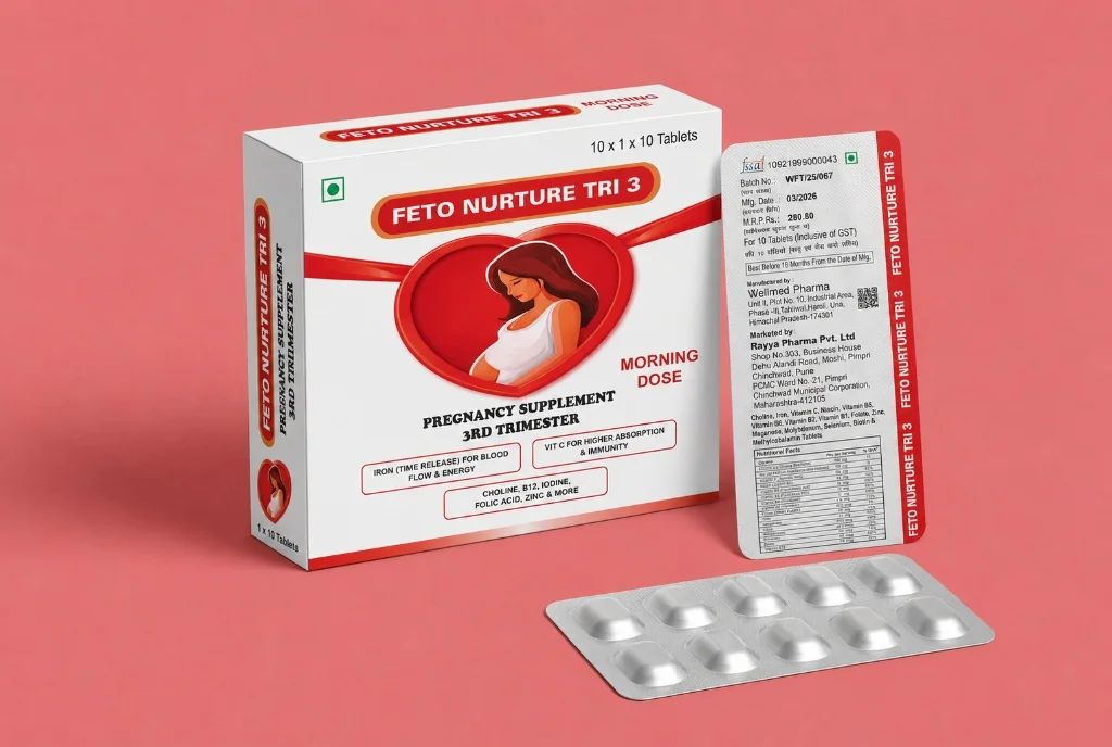 Pack-shot photo of FETO NURTURE TRI 3 showing the product carton, leaflet, and blister strip.
